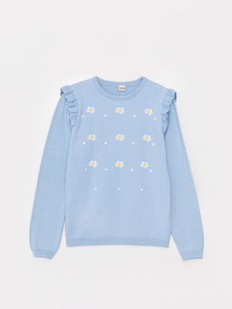 Bisiklet Yaka Desenli Uzun Kollu K?z ?ocuk Triko Kazak