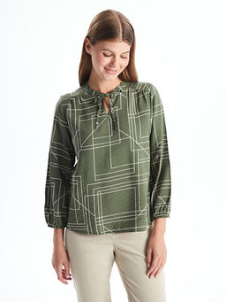 Ba?lamal? Yaka Desenli Uzun Kollu Kad?n Bluz