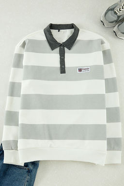 TRENDYOL MAN Buyuk Beden Lacivert Regular/Normal Kesim Ici Polarl? Pamuklu Cizgili Sweatshirt TMNAW25AO00003