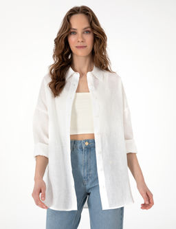 Beyaz Oversize Uzun Kollu %100 Keten G_mlek