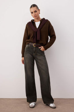 Kahverengi Yuksek Bel Vintage Y?kama Genis Paca Wide Leg Jeans TWOAW26JE00124 - Trendyolmilla фото 8