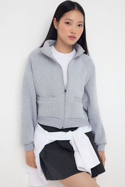 Gri Melanj Regular/Normal Kal?p Fermuarl? Dik Yaka Kal?n Ici Polarl? Orme Sweatshirt TWOAW26SW00017