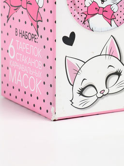 УЦЕНКА Набор бумажной посуды c масками «Кошечка», 6 тарелок, 6 стаканов, 6 масок