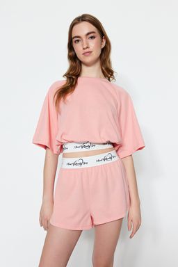 Trendyolmilla Ac?k Pembe Pamuklu Slogan Lastik Detayl? Sortlu Orme Pijama Tak?m? THMSS23PT00154  фото 2