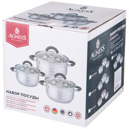 НАБОР КАСТРЮЛЬ AGNESS СО СТЕКЛ.КРЫШКАМИ 6ПР.1,7/2,6/3,5 Л. РАЗМЕР 16X9,5/18X11,5/20X12.5 СМ  фото 2