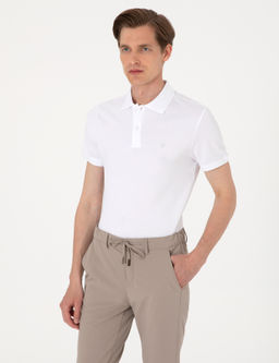 Beyaz Slim Fit %100 Pamuk Polo Yaka Basic Ti__rt