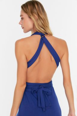 Koyu Mor Orme Baglama Detayl? Maxi Plaj Elbise TBESS21EL2992