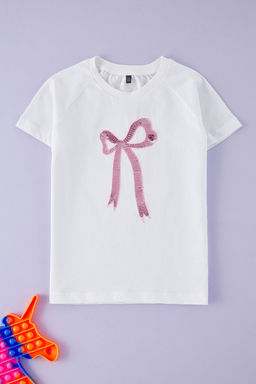 Beyaz K?z Cocuk %100 Pamuk Kurdele Bask?l? K?sa Kol Orme T-Shirt TKDSS25TS00093