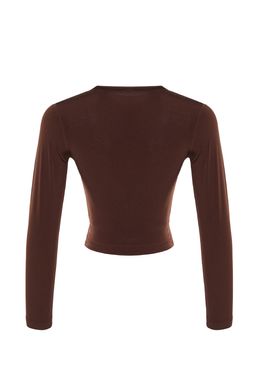 Kahverengi Dik Yaka Fitted/Vucuda Oturan Uzun Kol Buzgulu Esnek Orme Bluz TWOAW23EL01391