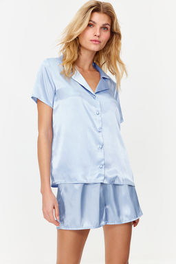 Trendyolmilla Mavi Saten Sortlu Dokuma Pijama Tak?m? THMSS24PT00118 фото 11