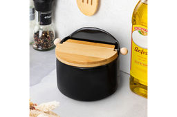 Банка для сыпучих продуктов 500 мл 15*10*11,1 см Черная + откидная бамбук.крышка, керамика