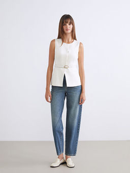 Bisiklet Yaka Beli Kemerli Kad?n Klasik Yelek