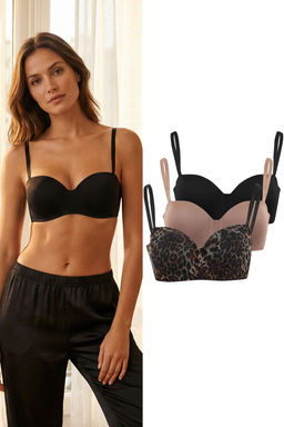 Siyah-Cok Renkli 3lu Micro Leopar Sabit Kap Straplez Sutyen THMSS26SU00010