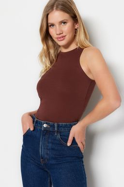 Kahverengi Pamuklu Halter Yaka Fitted/Vucuda Oturan Esnek Orme Atlet TWOSS23AL00069