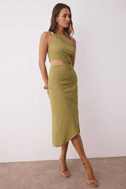 Haki Bel Cut Out/Pencere Detayl? Dokuma Midi Elbise TWOSS25EL00887