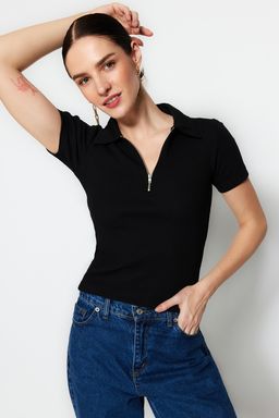 Siyah Fermuar Detayl_ Fitted/V_cuda Oturan Polo Yaka Fitilli Esnek _rme Bluz TWOSS23BZ00496
