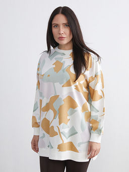 B?y?k Beden Bisiklet Yaka Desenli Kad?n Sweatshirt Tunik