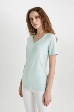 Slim Fit Dar Kesim V Yaka Ribana Basic Duz %100 Pamuk K?sa Kollu Tisort - Defacto фото 8