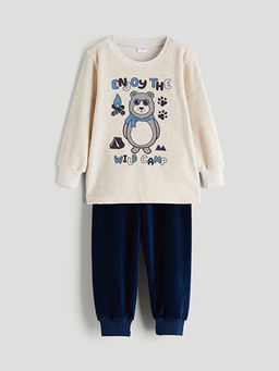 Kadife Bask?l? Erkek ?ocuk Pijama Tak?m?