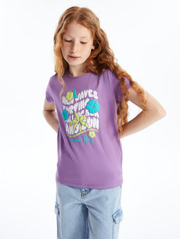 Bisiklet Yaka Bask?l? K?sa Kollu K?z ?ocuk Ti??rt - Waikiki фото 4