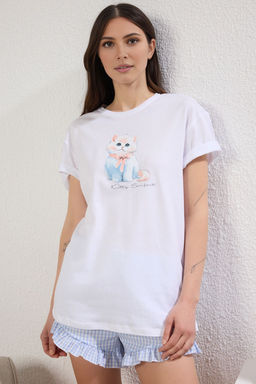 Trendyolmilla Beyaz %100 Pamuklu Potikareli Kedi Bask?l? F?rf?rl? Sortlu Orme Pijama Tak?m? THMSS25PT00263 фото 2