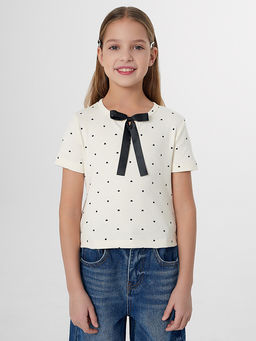 Футболка для девочек бежевая с декоративным бантиком
