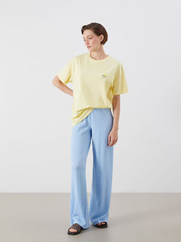 Bisiklet Yaka Bask?l? Oversize Kad?n Ti??rt