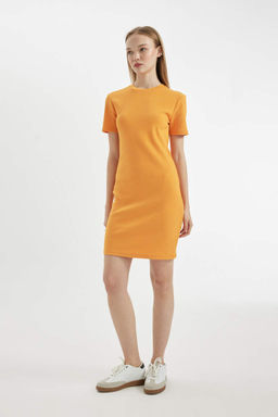 Мини-платье Bodycon с круглым вырезом в рубчик и короткими рукавами