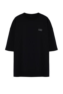 Buyuk Beden Siyah Oversize Yaz? Bask?l? %100 Pamuklu T-shirt TMNSS24BF00031
