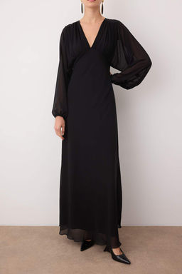 Siyah Sal Detayl? Dokuma Sifon S?k Maxi Abiye Gece Mezuniyet Elbisesi TPRAW26AE00011 - Trendyolmilla фото 7