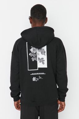 TRENDYOL MAN Siyah Oversize/Genis Kesim Kapusonlu Ici Polar/S?cak Tutan Cicek Bask?l? Sweatshirt TMNAW22SW1651