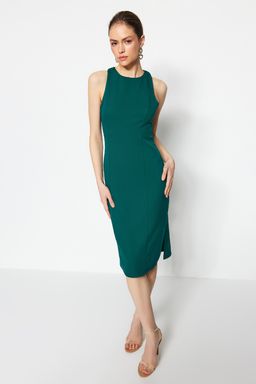 Zumrut Yesili Duz Kesim Bisiklet Yaka Midi Kalem Etek Dokuma Elbise TWOSS23EL00611 - Trendyolmilla фото 4