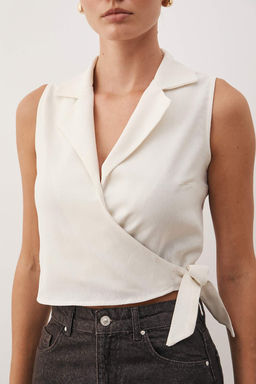 Bej Baglamal? Crop Dokuma Keten Gorunumlu Bluz TWOSS23BZ00550