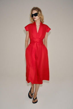 VESTIDO MIDI CON LINO ZW COLLECTION / Rojo