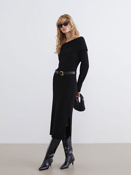 Kay?k Yaka Kemerli Triko Elbise