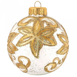 Елочная игрушка шар стеклянная Золотой цветок д8см, ручная художественная роспись, подарочная упаковка (Россия)