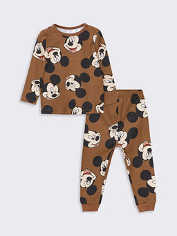 Bisiklet Yaka Uzun Kollu Mickey Mouse Bask?l? Erkek Bebek Pijama Tak?m?