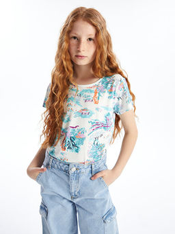 Bisiklet Yaka Bask?l? K?sa Kollu K?z ?ocuk Ti??rt - Waikiki фото 3