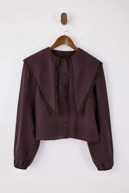 Koyu Kahverengi Bebe Yaka Dantel Garnili Yumusak Tuseli Gomlek TWOSS26GO00012 - Trendyolmilla фото 5