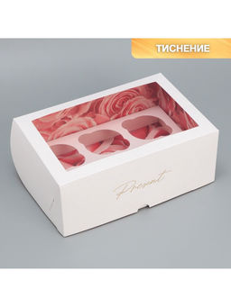 Цена за 5 шт. Коробка для капкейков, кондитерская упаковка двухсторонняя, 6 ячеек «Розы», 25 х 17 х 10 см