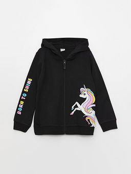 Kap??onlu Bask?l? Uzun Kollu K?z ?ocuk Fermuarl? Sweatshirt