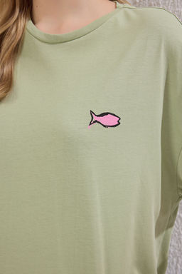 TRENDYOLMILLA Beyaz %100 Pamuk Bask?l? Oversize/Genis Kal?p Bisiklet Yaka Orme T-Shirt TWOSS23TS00329  фото 3