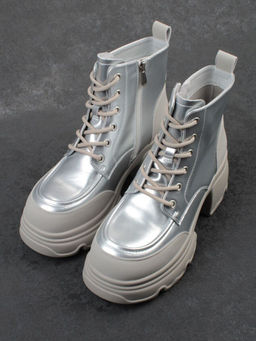 01-F591-2 GREY/SILVER Ботинки демисезонные женские (натуральная кожа, искусственная кожа)
