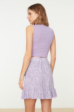 Lila Bask?l? Volanl? Yuksek Bel Mini Esnek Orme Etek TWOSS21ET0010