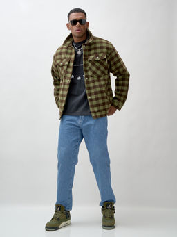 Куртка рубашка шерстяная в клетку мужская демисезонная зеленого цвета 58566Z