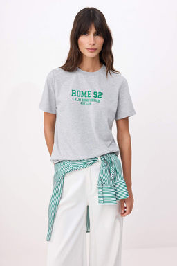 Gri Melanj Slogan Regular/Normal Kal?p K?sa Kollu Pamuklu Orme T-Shirt TWOSS26TS00161