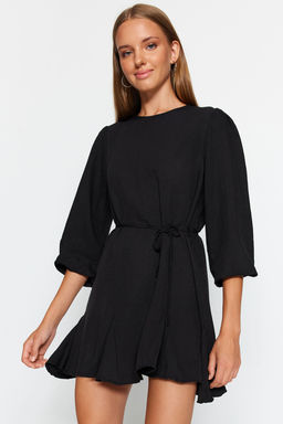Siyah Kusakl? Duz Kesim Bisiklet Yaka Mini Dokuma Elbise TWOAW24EL00337