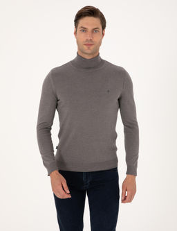 Gri Melanj Slim Fit Bal_k__ Yaka Basic Triko Kazak