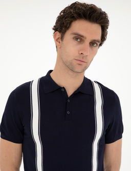 Темно-синяя трикотажная футболка узкого кроя с воротником-поло - Cacharel фото 2