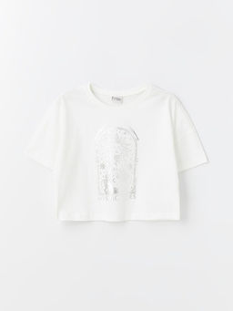 Bisiklet Yaka Bask?l? K?sa Kollu K?z ?ocuk Crop Ti??rt